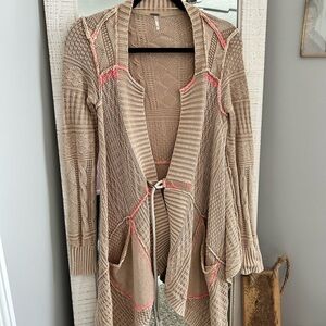 Free People Beige/Pink Thread Knit Open Front Long Waterfall Sweater